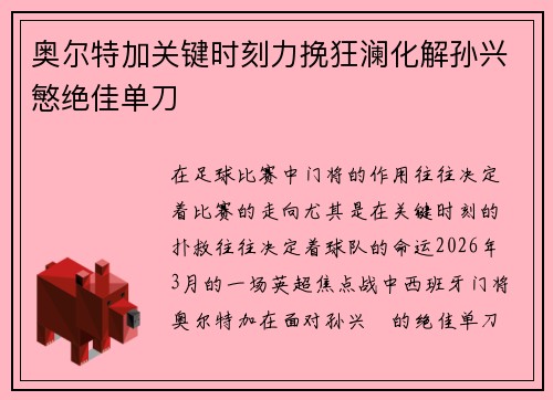 奥尔特加关键时刻力挽狂澜化解孙兴慜绝佳单刀